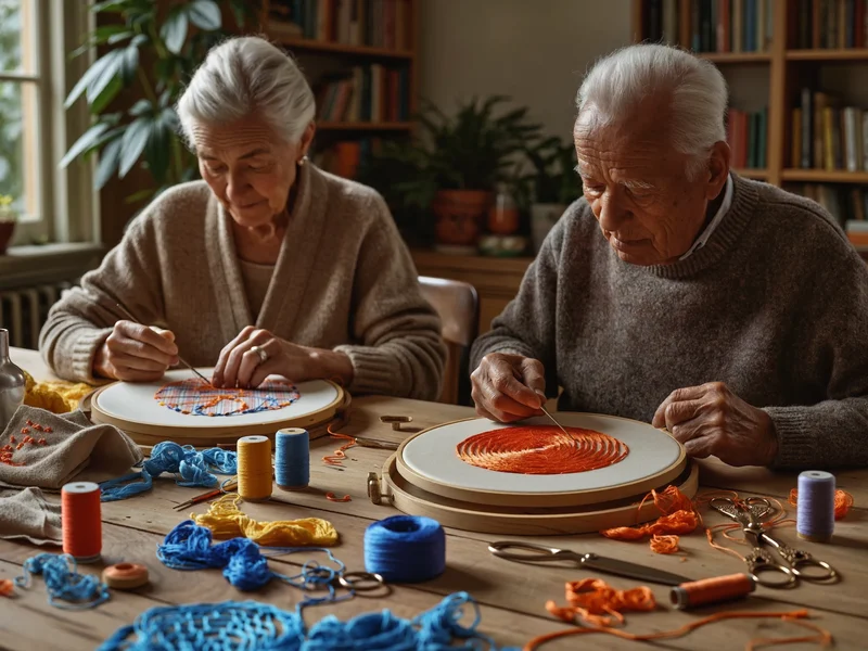 Due persone mature ricamano filo colorato su lino teso nei telai
