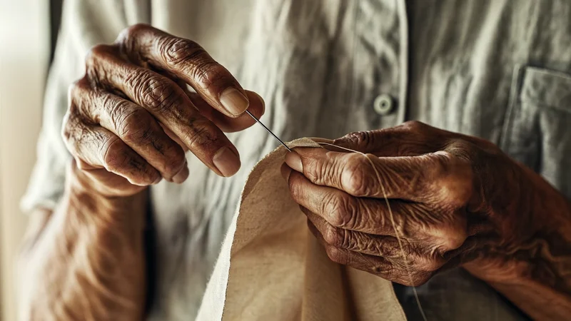 Primo piano di mani esperte che infilano un ago nel tessuto di lino